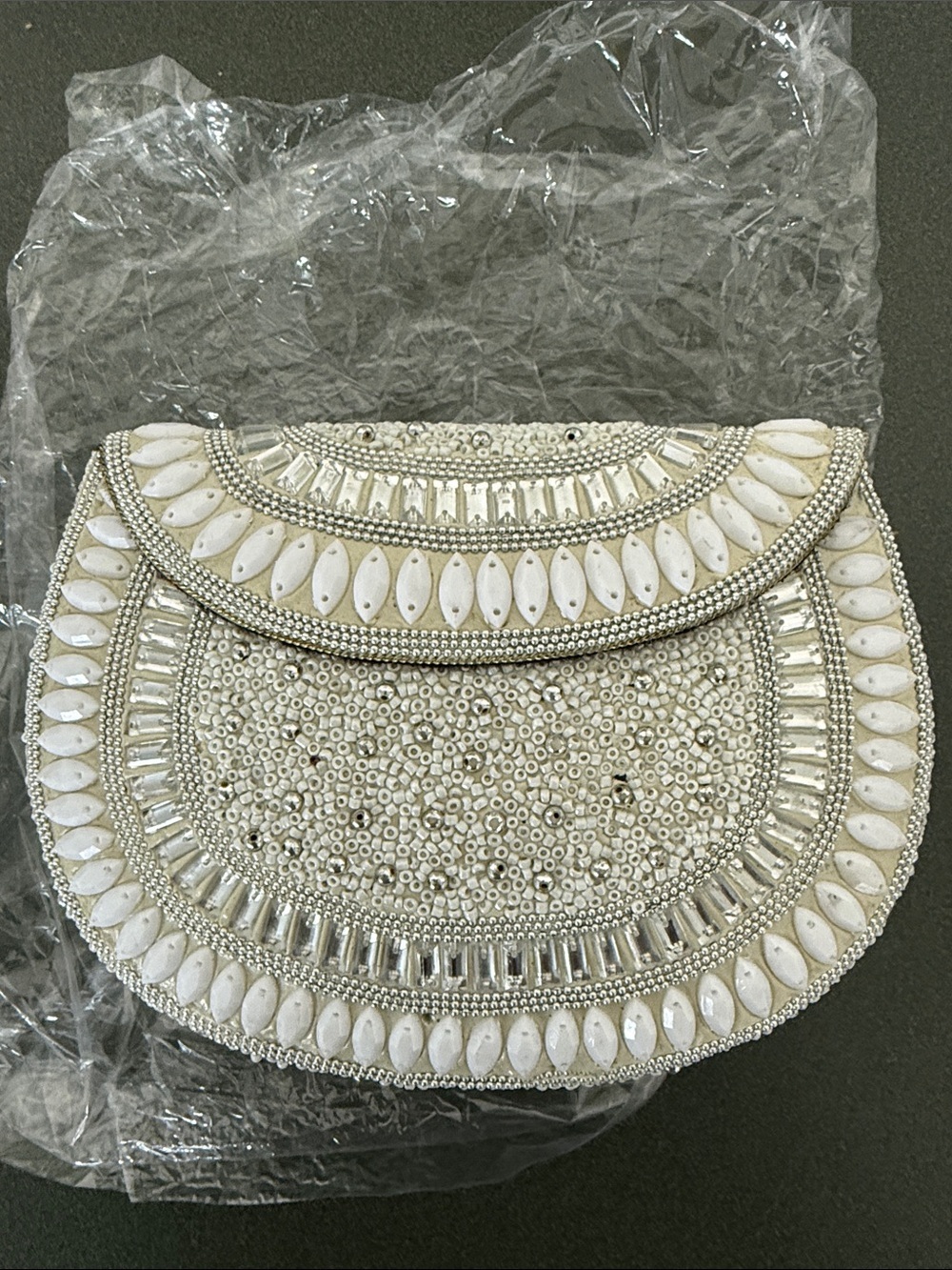 New RAMLA Beaded White Evening Clutch - Elegant Bridal Handbag